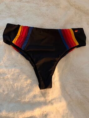 Aviator Nation Black Bikini Bottom with Rainbow Stripe Accents